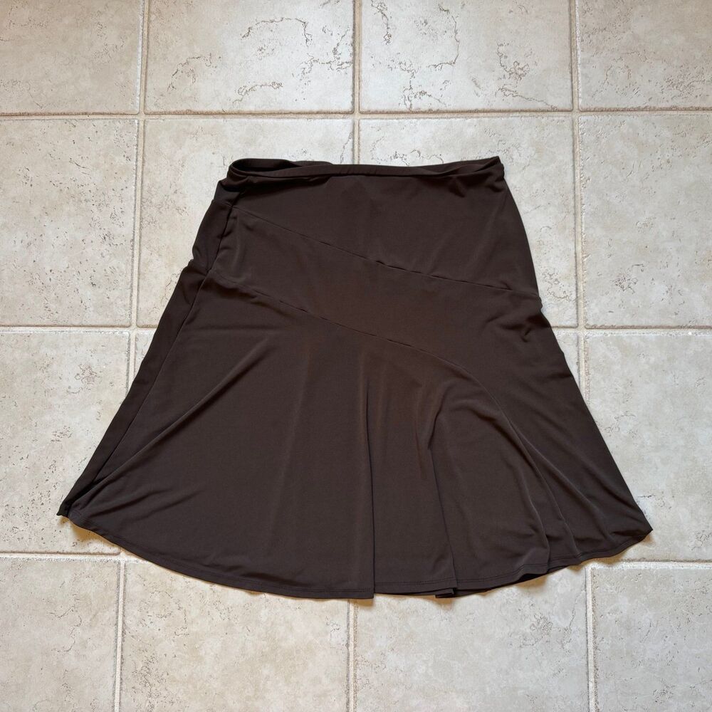 Vintage 2000s Y2K George Stretch Brown Asymmetrical Flare Midi Skirt Size M (8/1